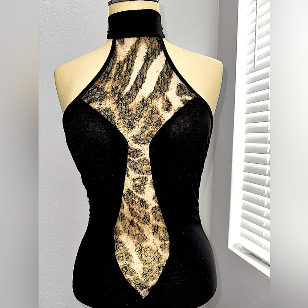 Leopard Lace Cutout Black Runched Dress